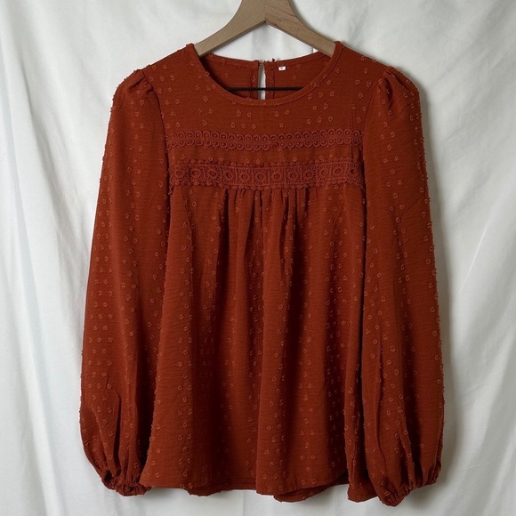 Tops - Rust Swiss Dot Lace Yoke Long-Sleeve Blouse size small
